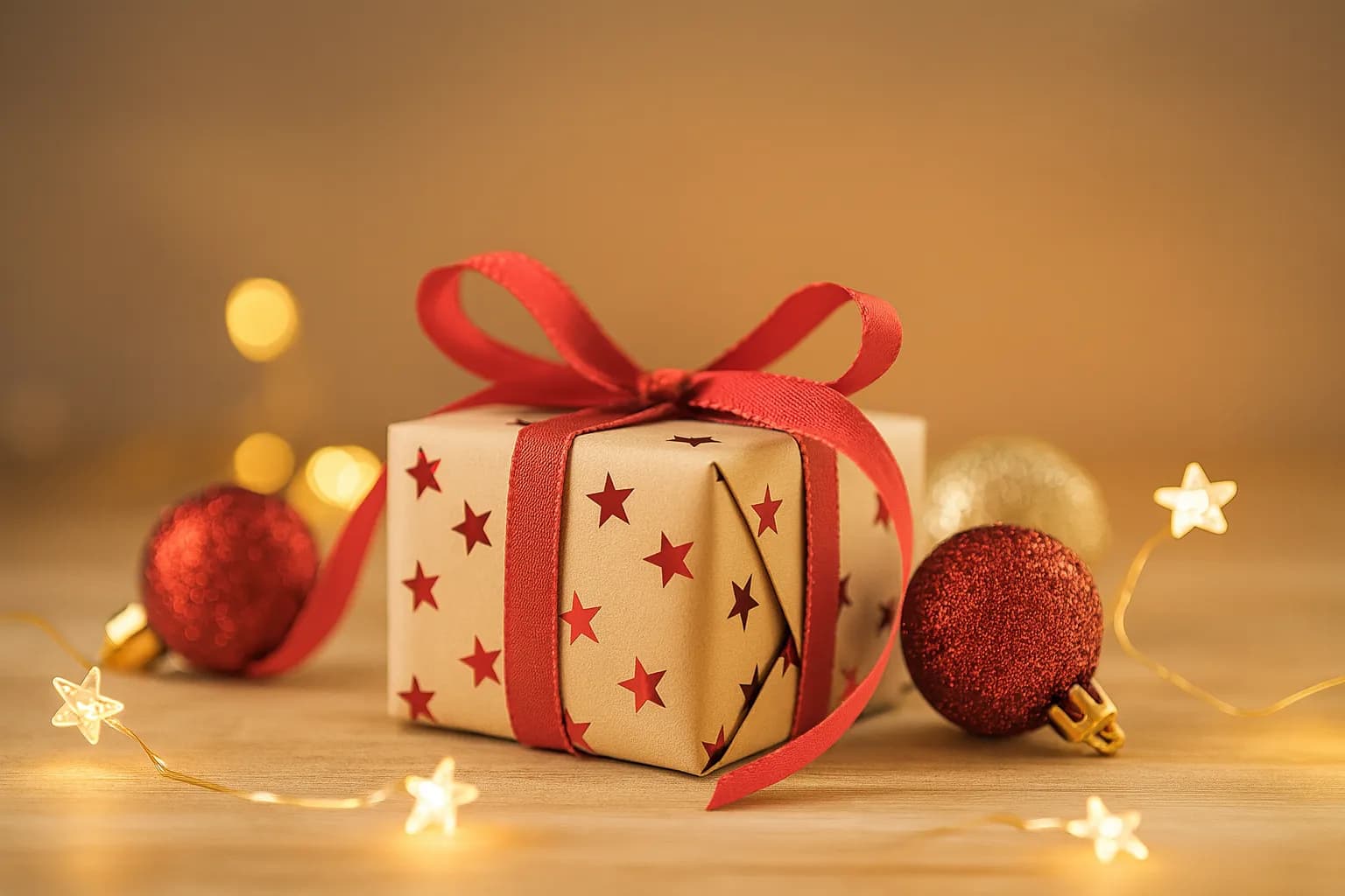 A wrapped present with warm decorative lights