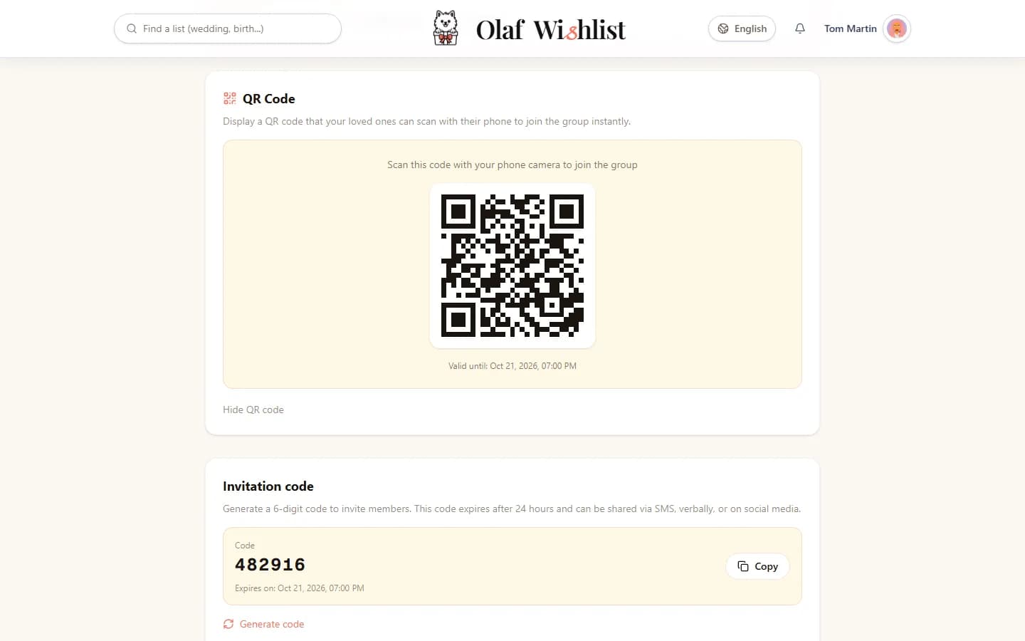Ryhmän asetussivu, jolla näkyy kutsun QR-koodi valmiina skannattavaksi ryhmään liittymistä varten, ja sen alla kuusinumeroinen kutsukoodi.