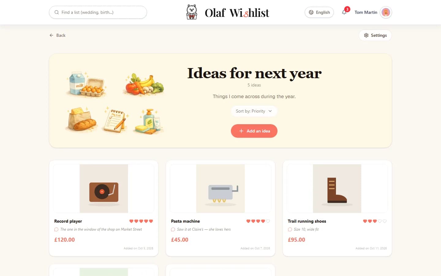 Muistilista nimeltä ”Ideas for next year”, jossa on ideoita, hintoja ja henkilökohtaisia muistiinpanoja.